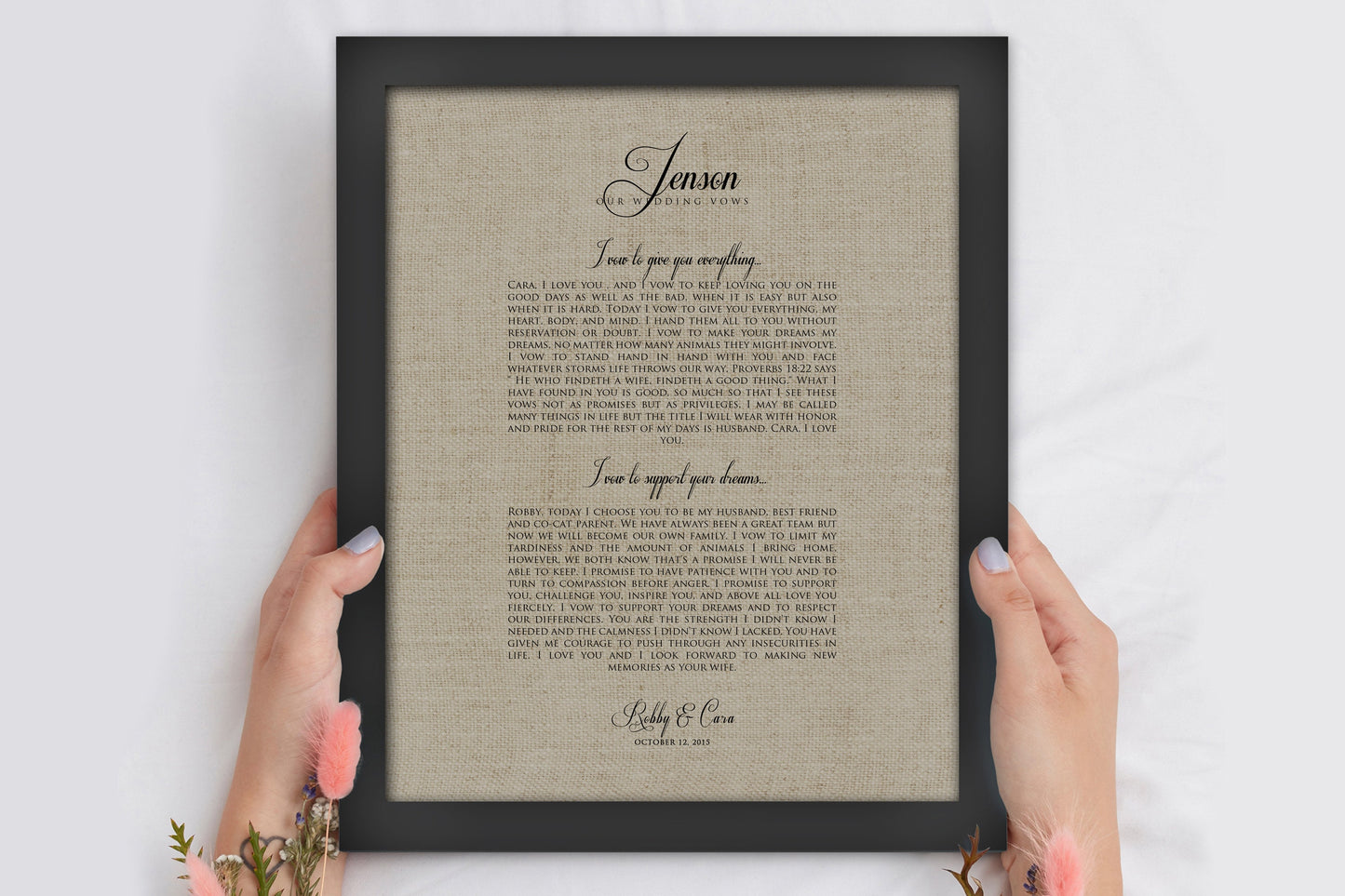 Our Vows on Linen, Framed Linen Anniversary Gift - HoneycombProverbs - Signs -