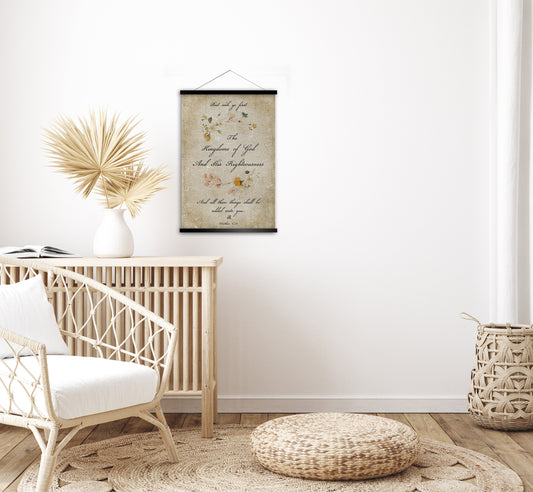 Seek Ye First Cottage Garden Scroll Tapestry - HoneycombProverbs - Tapestries - Christian Wall Art