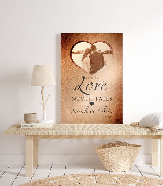 "Love Never Fails" Distressed Metal Portrait Art - HoneycombProverbs - Gifts For The Couple - Tin and Aluminum Gifts