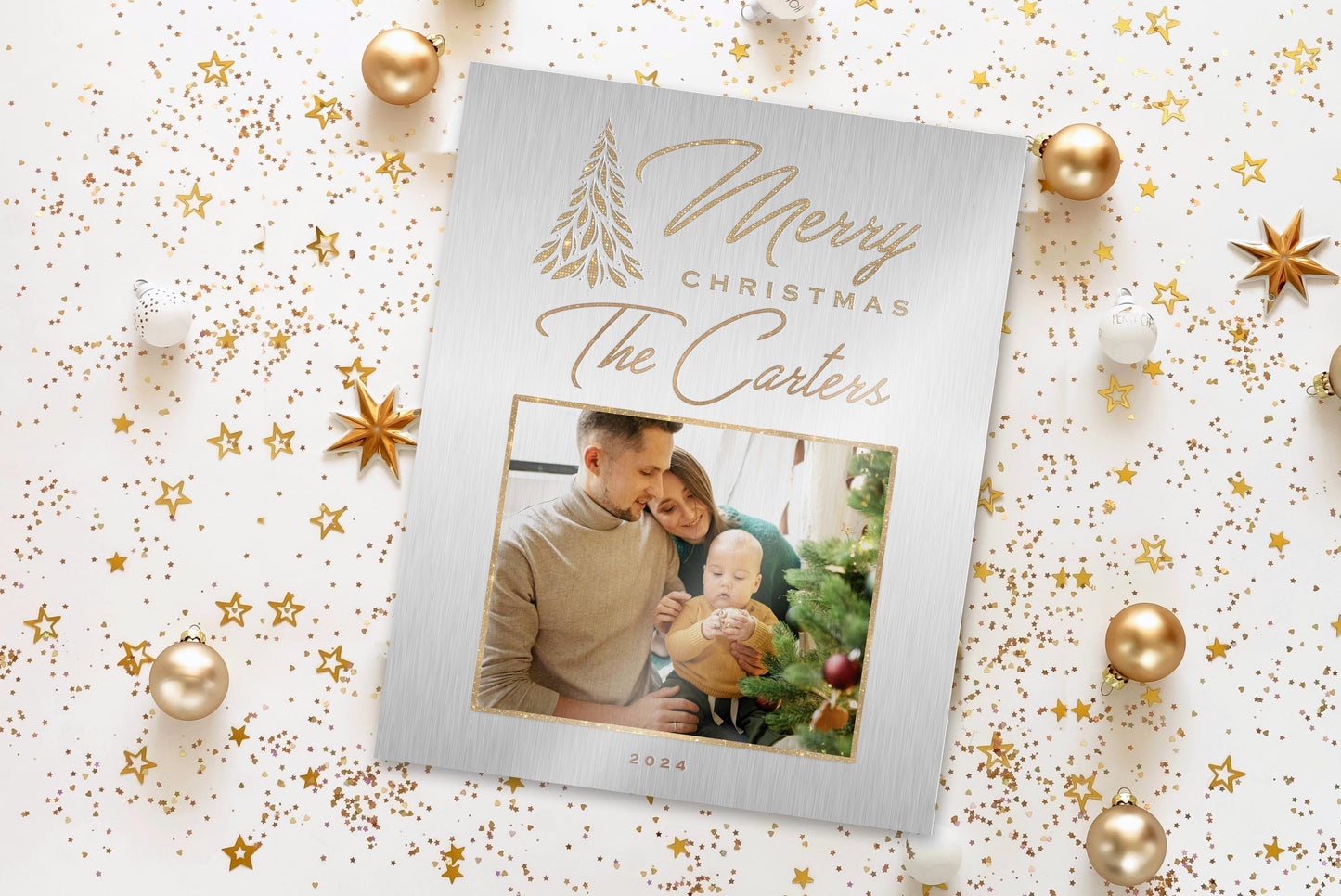 Designer Photo Christmas Gift, Metallic Merry Christmas Decor, Personalized Christmas Wall Decor, Holiday Family Name Sign, Metal Photo Art