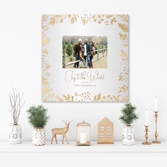 Personalized 'Joy to the World' Photo Art with Golden Leaf Design - HoneycombProverbs - Signs - Photo Plaques