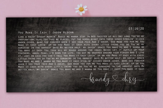 5th anniversary gift in the form of a wooden song plaque featuring a custom song and names and union date