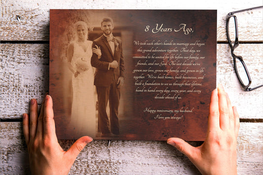 Hands holding a bronze gift for him, 8 year anniversary photo plaque, bronzed picture with custom quote