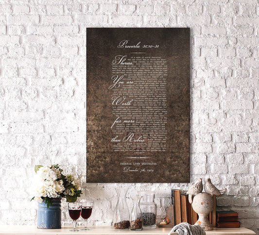 A rustic and romantic burnished metal plaque hangs on a brick wall above a desktop with 2 wine glasses and a bird statue. The Plaque reads, Theresa you are more precious than rubies, and is personalized with her name. A dedication note is beneath the bible verse.
Christian wall art Photo Courtesy of Honeycomb Proverbs
