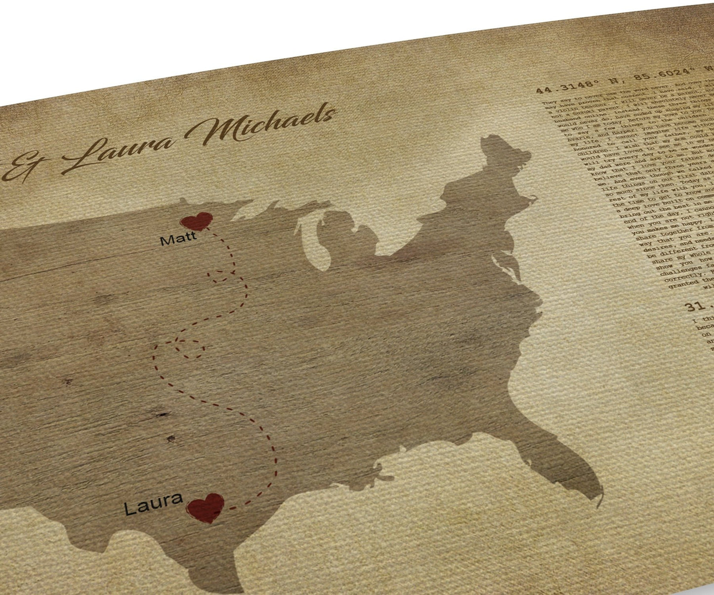 Long distance, map on canvas, Christmas, custom, coordinates, wedding vows, print, husband, wife, anniversary gift, Military, Gifts, Spouse