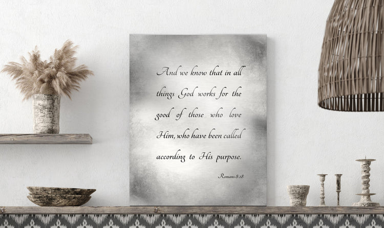 Personalized scripture canvas on a rustic shelf beside a plant