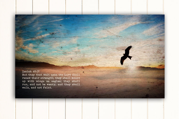 Isaiah 40:31 scripture canvas with a soaring eagle over a sunset sky