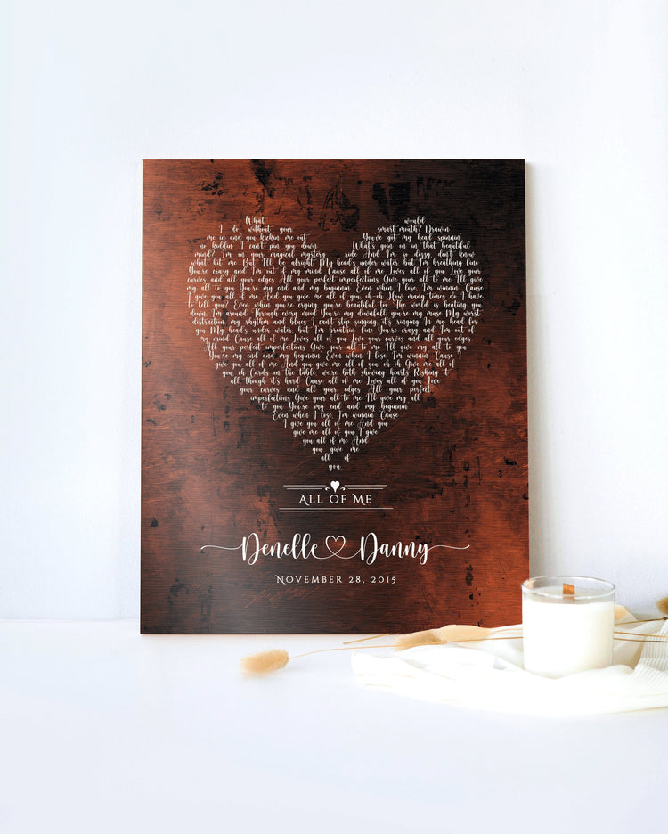 bronze anniversary gift with song lyrics in heart shape for 19th anniversary gifts or 8 year wedding anniversary gifts. Personalized anniversary gift for wife, metal bronze plaque