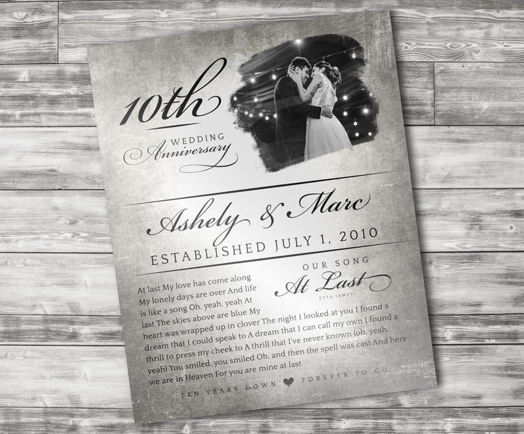 Tarnished tin anniversary gift song plaque with photo.custom t0th wedding anniversary plaque for couples, wedding photo plaque and the couple's anniversary year. The couple's names and established date and  wedding song.