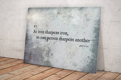 As Iron Sharpens Iron Farmhouse Industrial Metal Sign, close-up detail, 10th anniversary tin