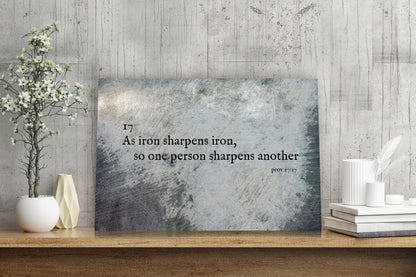 As Iron Sharpens Iron Farmhouse Industrial Metal Sign, personalization detail, 10th anniversary tin