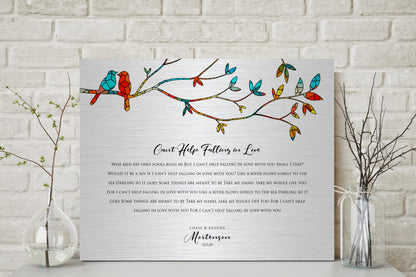 Lovebirds Wedding Song Lyric Sign on Tin, close-up detail, 10th anniversary tin