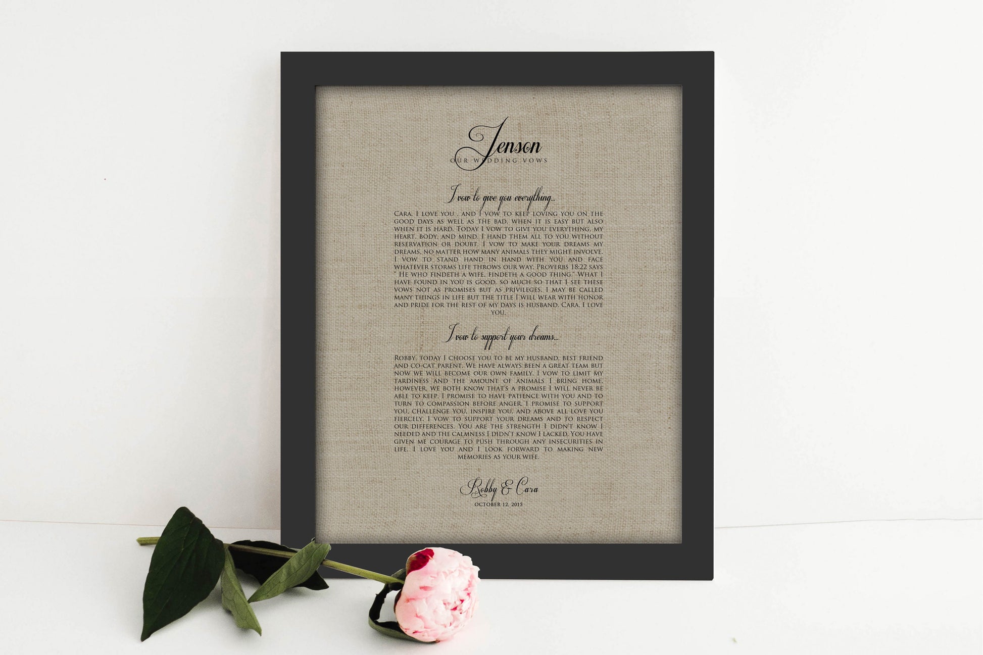 Our Vows on Linen, Framed Linen Anniversary Gift - HoneycombProverbs - Signs - Rustic Lyrics Wall Decor