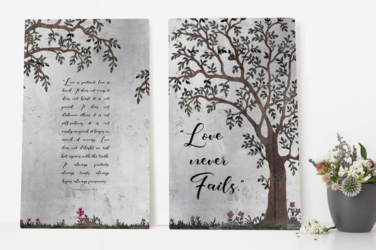 Love Never Fails, Personalized 2 Piece Wedding Gift - HoneycombProverbs - Signs - Christian Wall Art