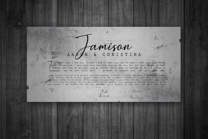 Personalized Distressed Tin Wedding Vow Sign, personalization detail, 10th anniversary tin