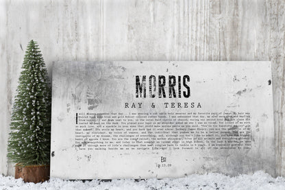 Personalized Distressed Tin Wedding Vow Sign, close-up detail, 10th anniversary tin