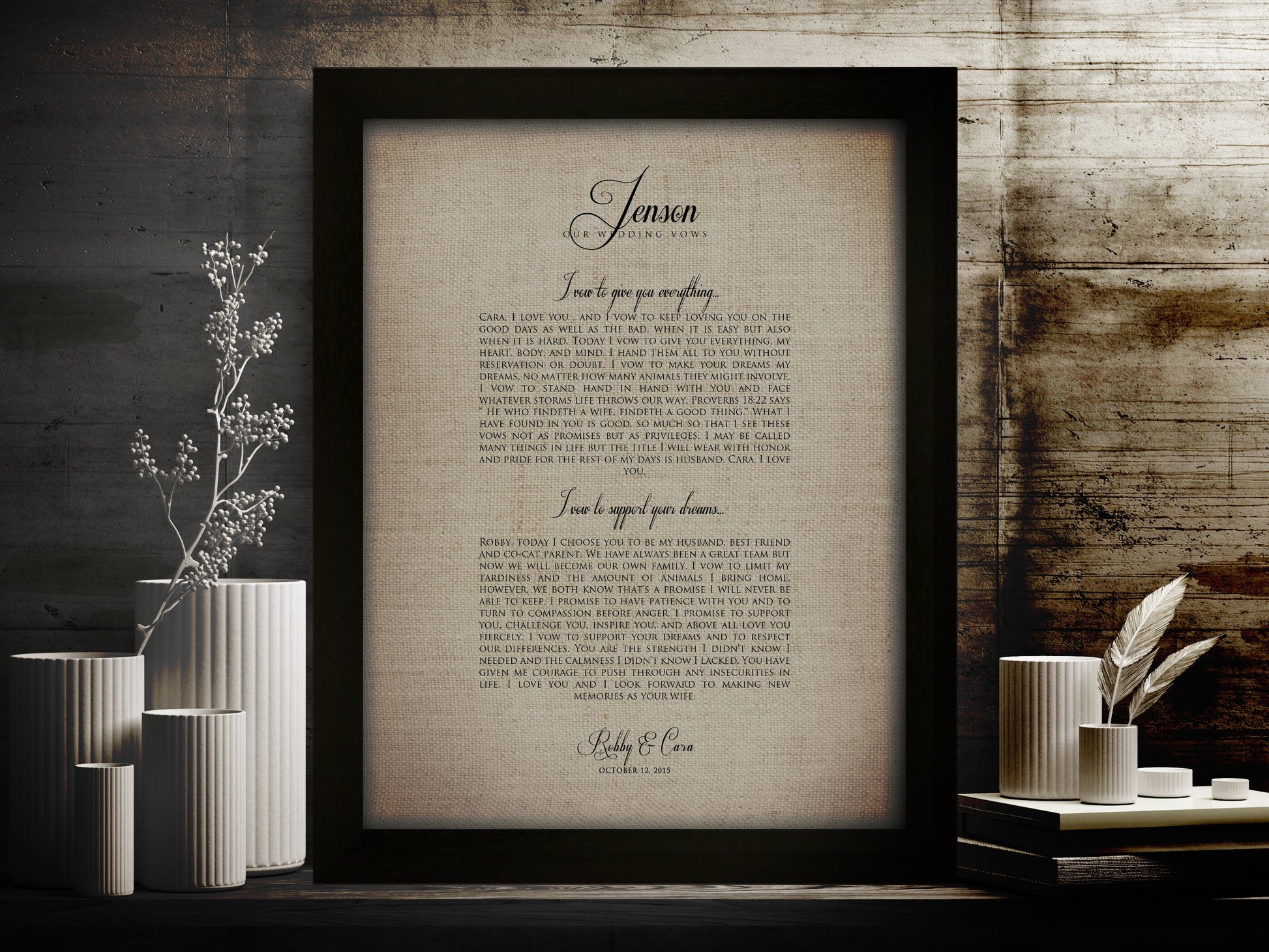 Our Vows on Linen, Framed Linen Anniversary Gift - HoneycombProverbs - Signs - Rustic Lyrics Wall Decor