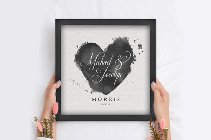 Lovestamp Framed Personalized Paper Gift, size and option view, 1st anniversary paper and 4th anniversary linen