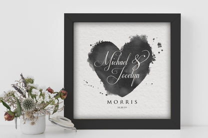 Lovestamp Framed Personalized Paper Gift, personalization detail, 1st anniversary paper and 4th anniversary linen