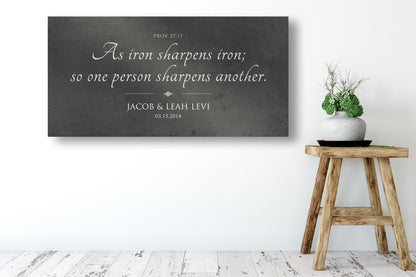 Rustic Scripture Gift - Iron Sharpens Iron Sign, size and option view, 6th anniversary iron