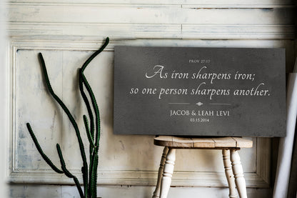 Rustic Scripture Gift - Iron Sharpens Iron Sign, close-up detail, 6th anniversary iron