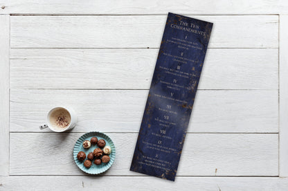 Ten Commandments Sapphire Stone Inspired Wall Art, shown on the wall, 10th anniversary tin