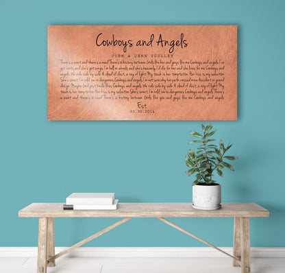 Personalized Distressed Copper Large Song Lyric Sign, shown on the wall, 7th anniversary copper