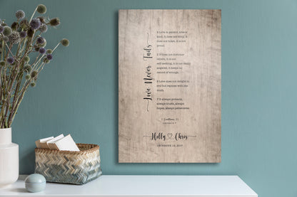 Personalized 1 Cor 13 Wood Anniversary Keepsake, room view, 5th anniversary wood