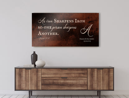 Proverbs 27:17 Monogrammed Scripture on Bronze, shown on the wall, 8th anniversary bronze