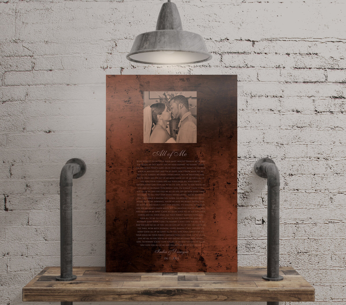 Burnished Bronze Wedding Portrait and Song Plaque - HoneycombProverbs - Gifts For The Couple - Photo Lyrics Wall Art