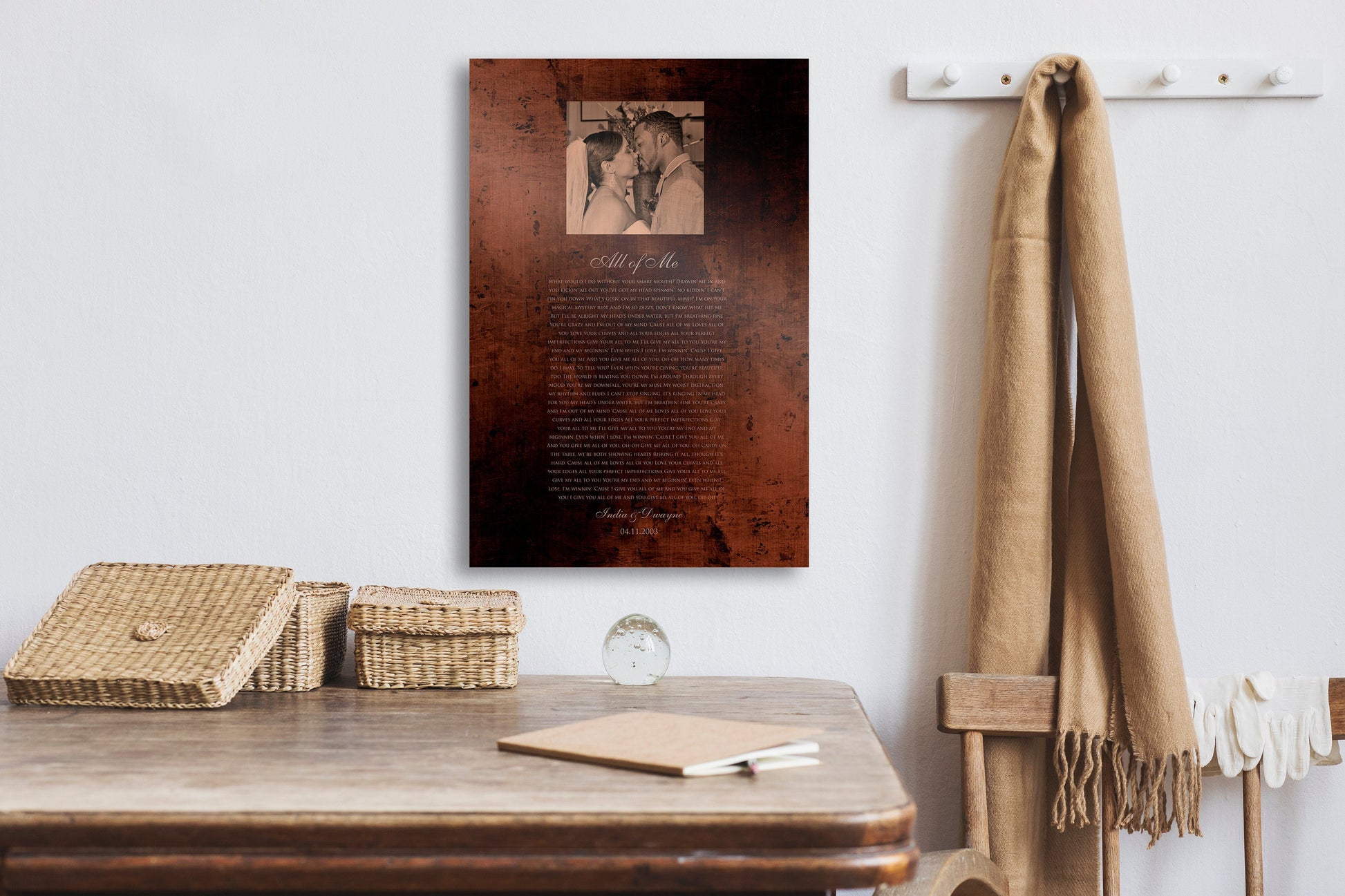 Burnished Bronze Wedding Portrait and Song Plaque - HoneycombProverbs - Gifts For The Couple - Photo Lyrics Wall Art