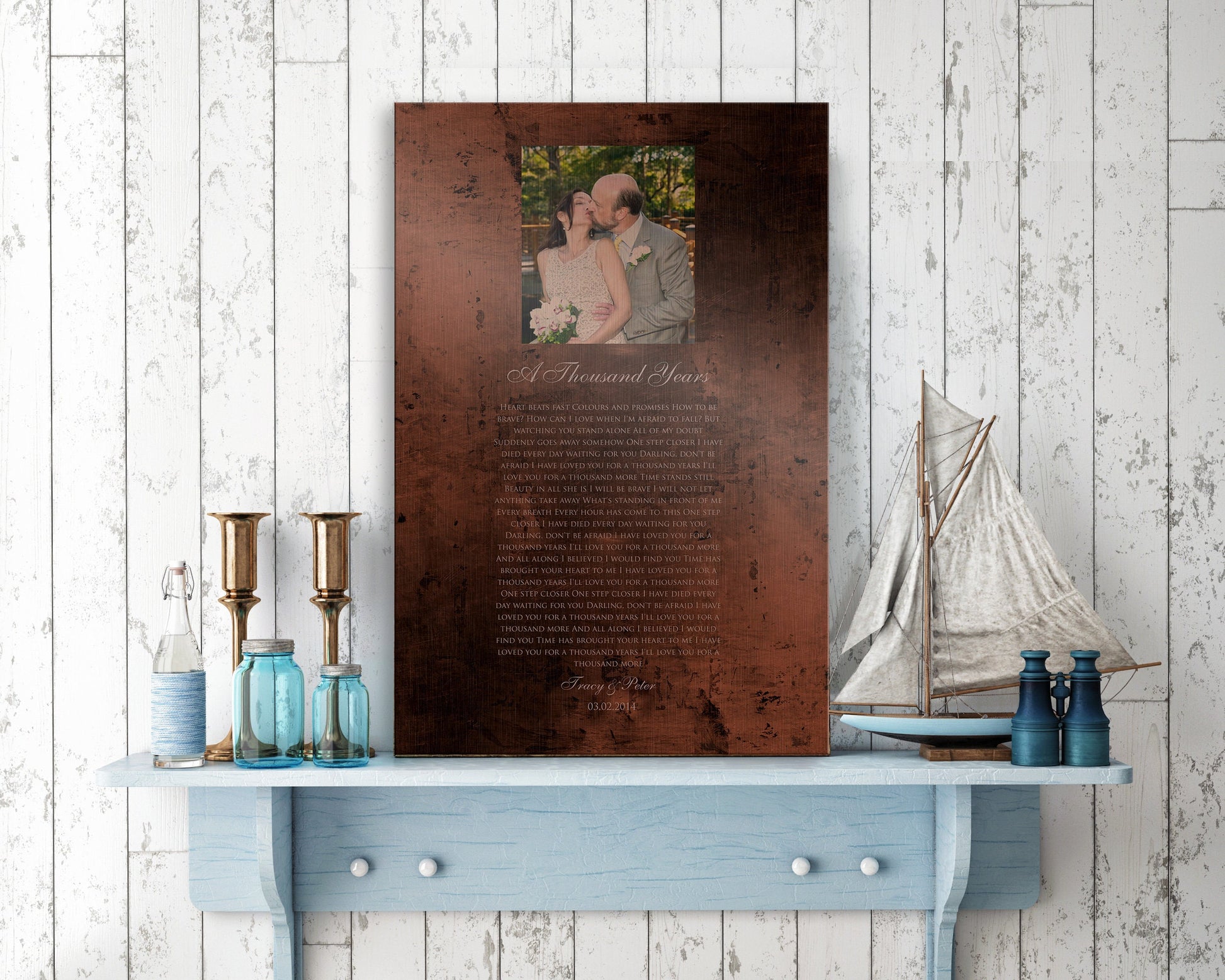 Burnished Bronze Wedding Portrait and Song Plaque - HoneycombProverbs - Gifts For The Couple - Photo Lyrics Wall Art