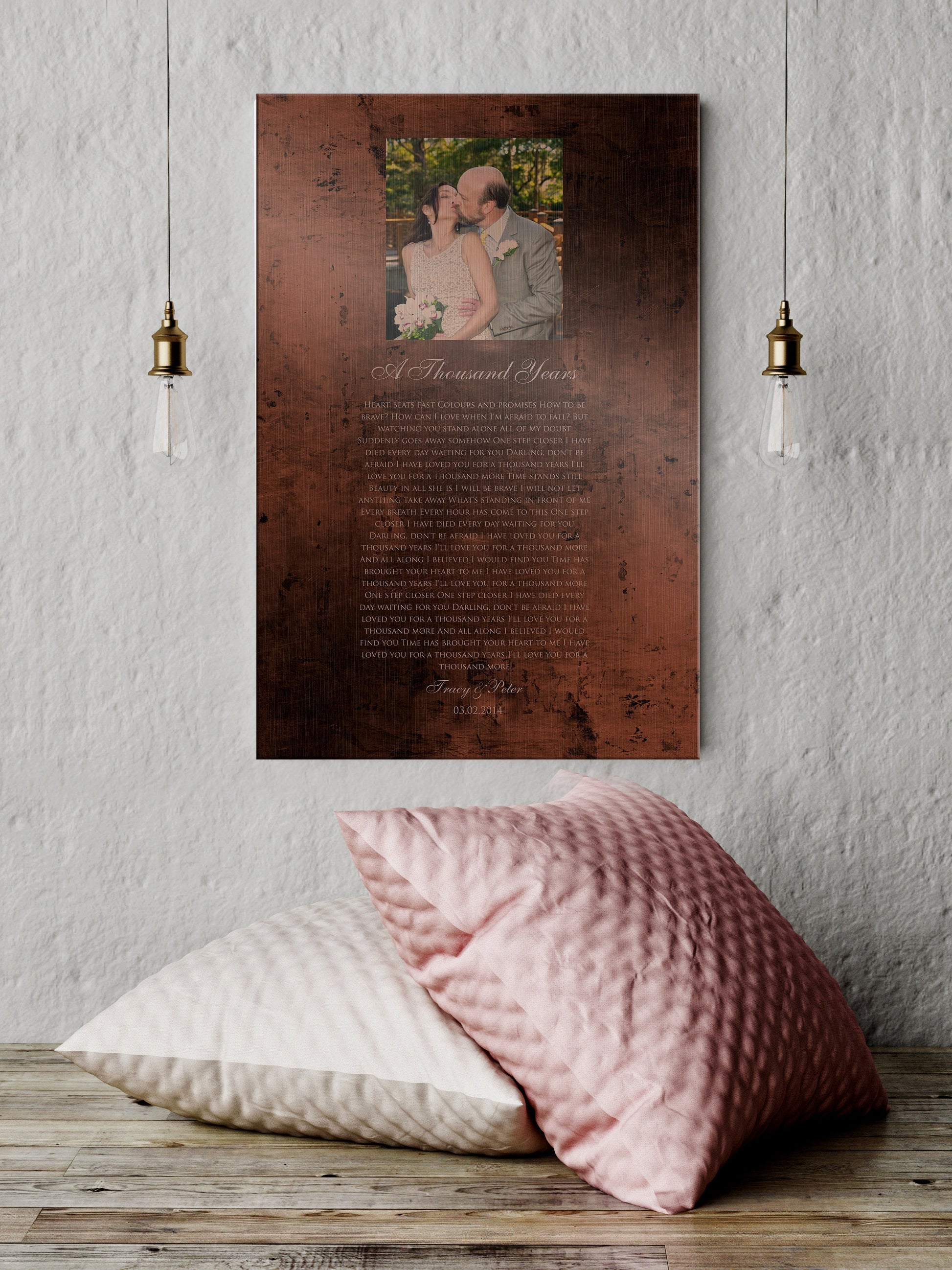 Burnished Bronze Wedding Portrait and Song Plaque - HoneycombProverbs - Gifts For The Couple - Photo Lyrics Wall Art