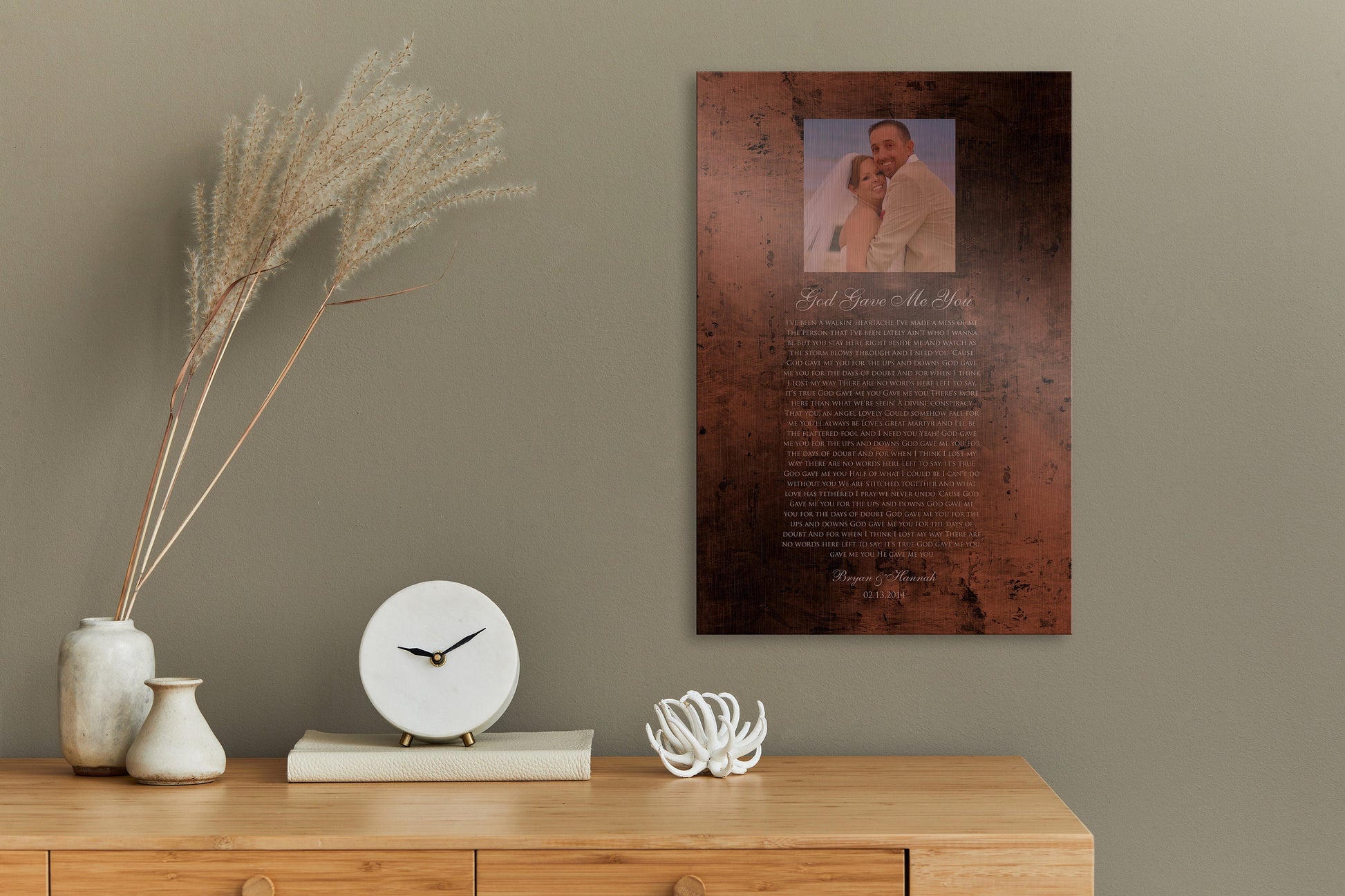 Burnished Bronze Wedding Portrait and Song Plaque - HoneycombProverbs - Gifts For The Couple - Photo Lyrics Wall Art