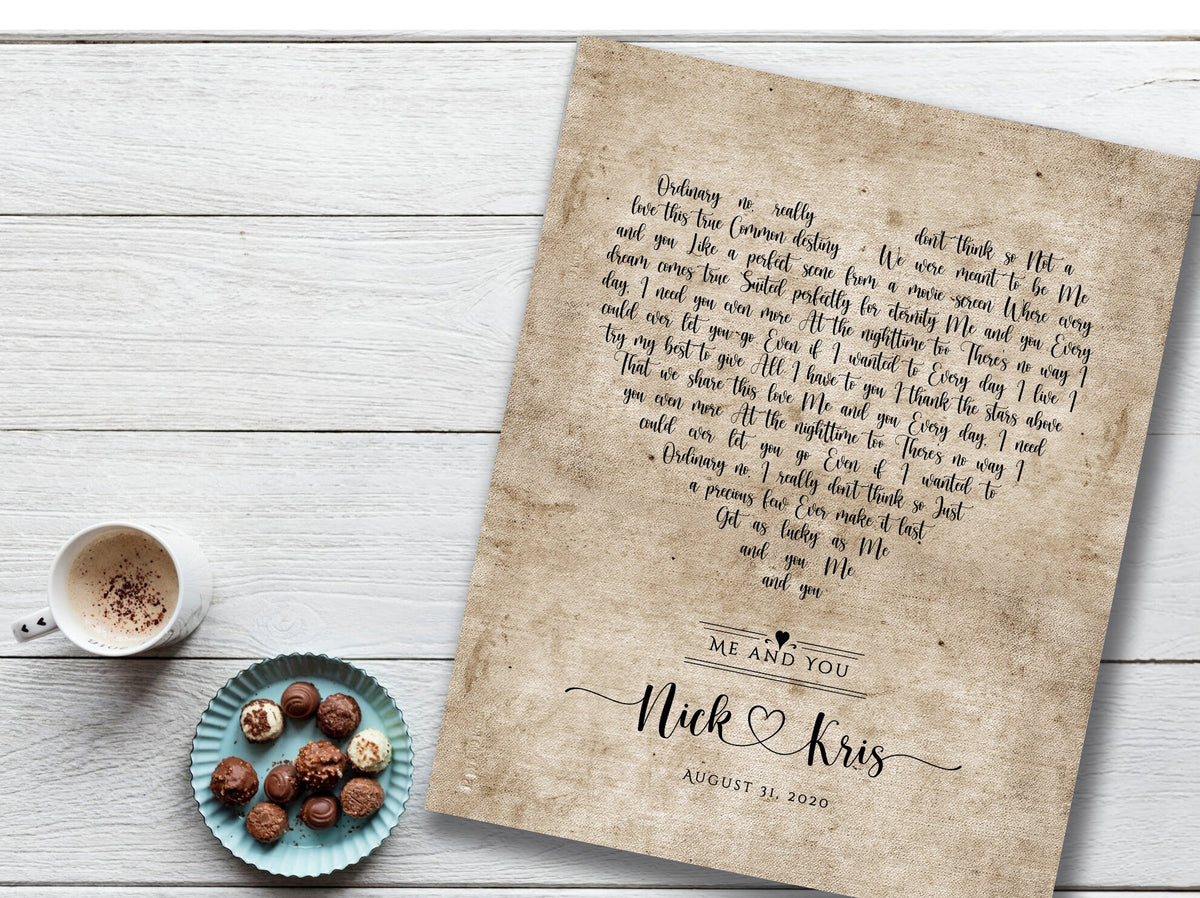 Vintage Heart Personalized Lyric Canvas in Cotton - HoneycombProverbs - Gifts For The Couple - 2nd Anniversary Gifts