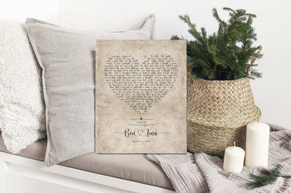 Vintage Heart Personalized Lyric Canvas in Cotton - HoneycombProverbs - Gifts For The Couple - 2nd Anniversary Gifts