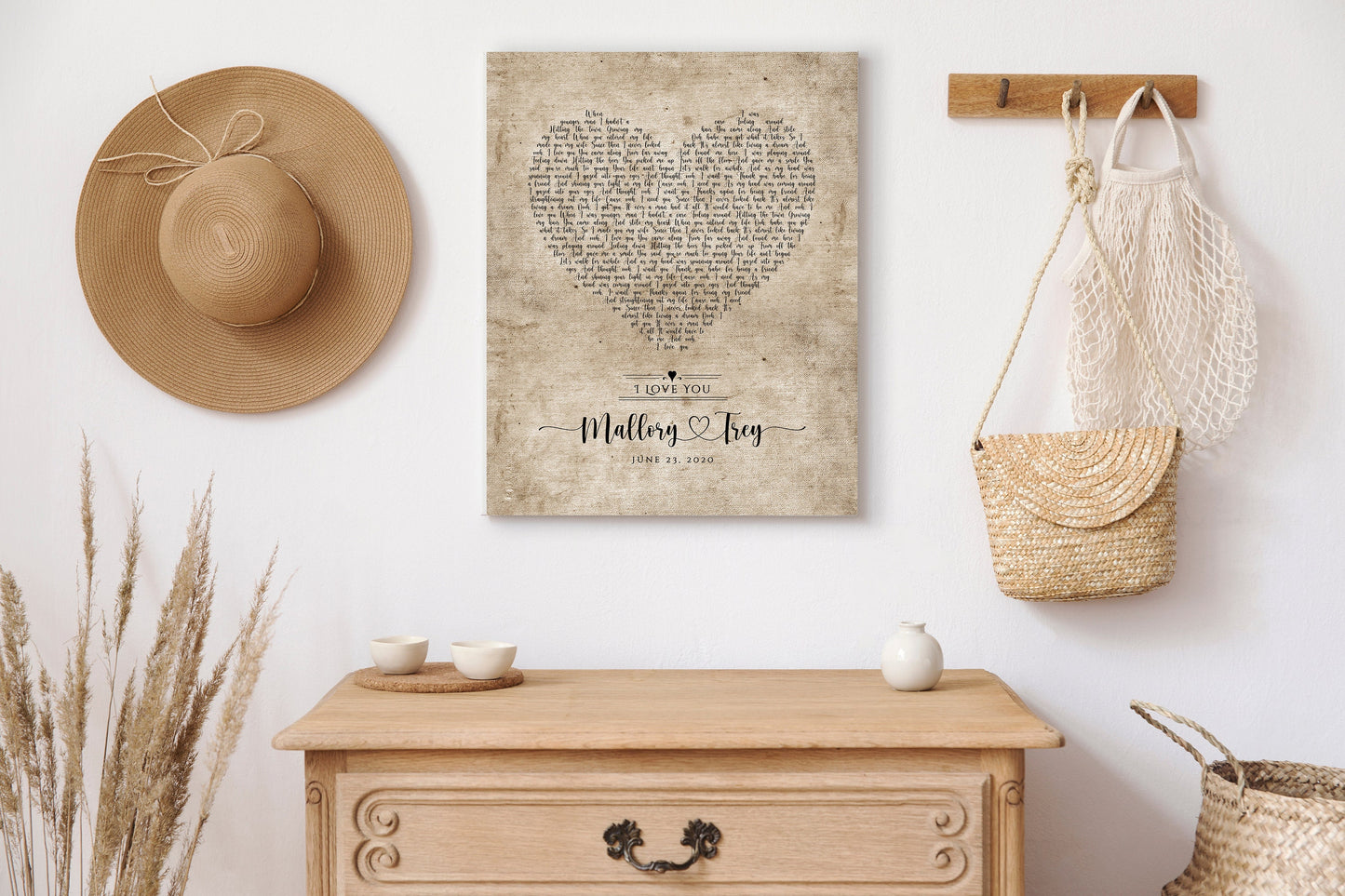 Vintage Heart Personalized Lyric Canvas in Cotton - HoneycombProverbs - Gifts For The Couple - Rustic Lyrics Wall Decor