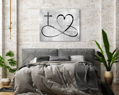 Personalized Infinity Cross Heart Sign on Tin, shown on the wall, iron, copper or tin anniversary