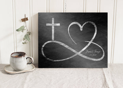 Personalized Infinity Cross Heart Sign on Tin, size and option view, iron, copper or tin anniversary
