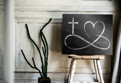 Personalized Infinity Cross Heart Sign on Tin, iron, copper or tin anniversary personalized wall art by Honeycomb Proverbs