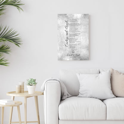 Infinity Heart Custom Song Lyric Sign on Tin, shown on the wall, 10th anniversary tin