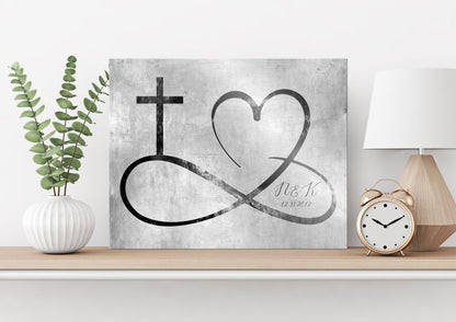 Personalized Infinity Cross Heart Sign on Tin, room view, iron, copper or tin anniversary