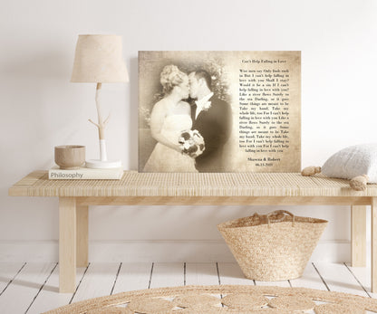 Timeless Melodies: Vintage Photo and Song Lyrics Canvas, room view, 2nd anniversary cotton