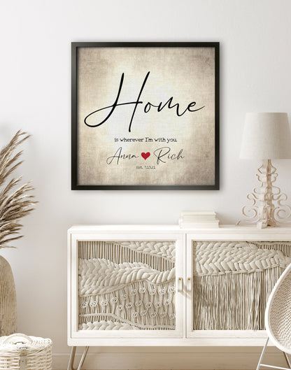 Couples' Personalized, "Home is wherever I'm with you" Framed Wall Decor - HoneycombProverbs - Giclée - 2nd Year Cotton Art