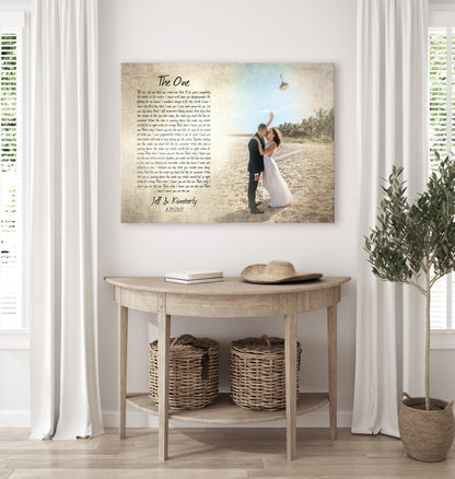 Timeless Melodies: Vintage Photo and Song Lyrics Canvas, shown on the wall, 2nd anniversary cotton