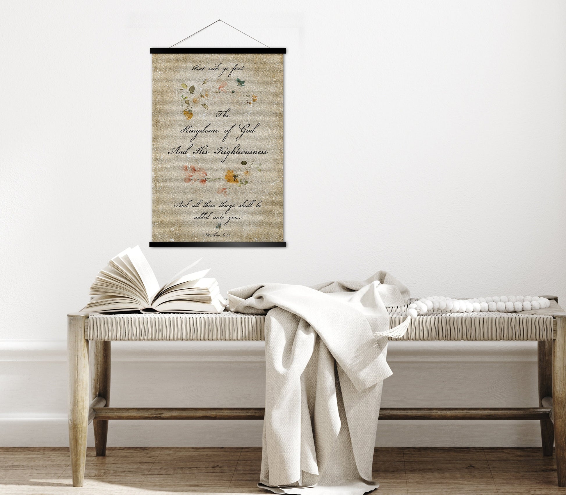 Seek Ye First Cottage Garden Scroll Tapestry - HoneycombProverbs - Tapestries - Christian Wall Art