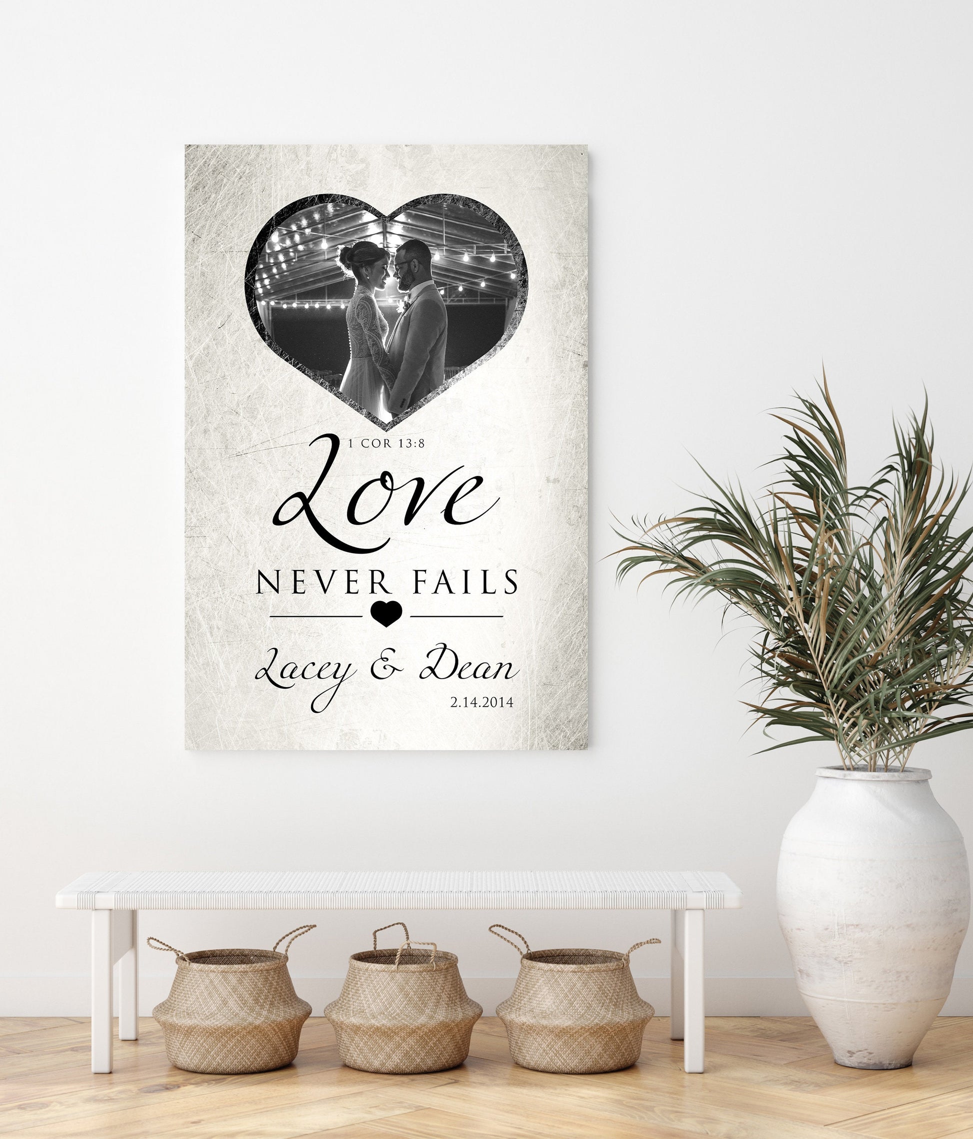"Love Never Fails" Distressed Metal Portrait Art - HoneycombProverbs - Gifts For The Couple - Tin Anniversary Gifts