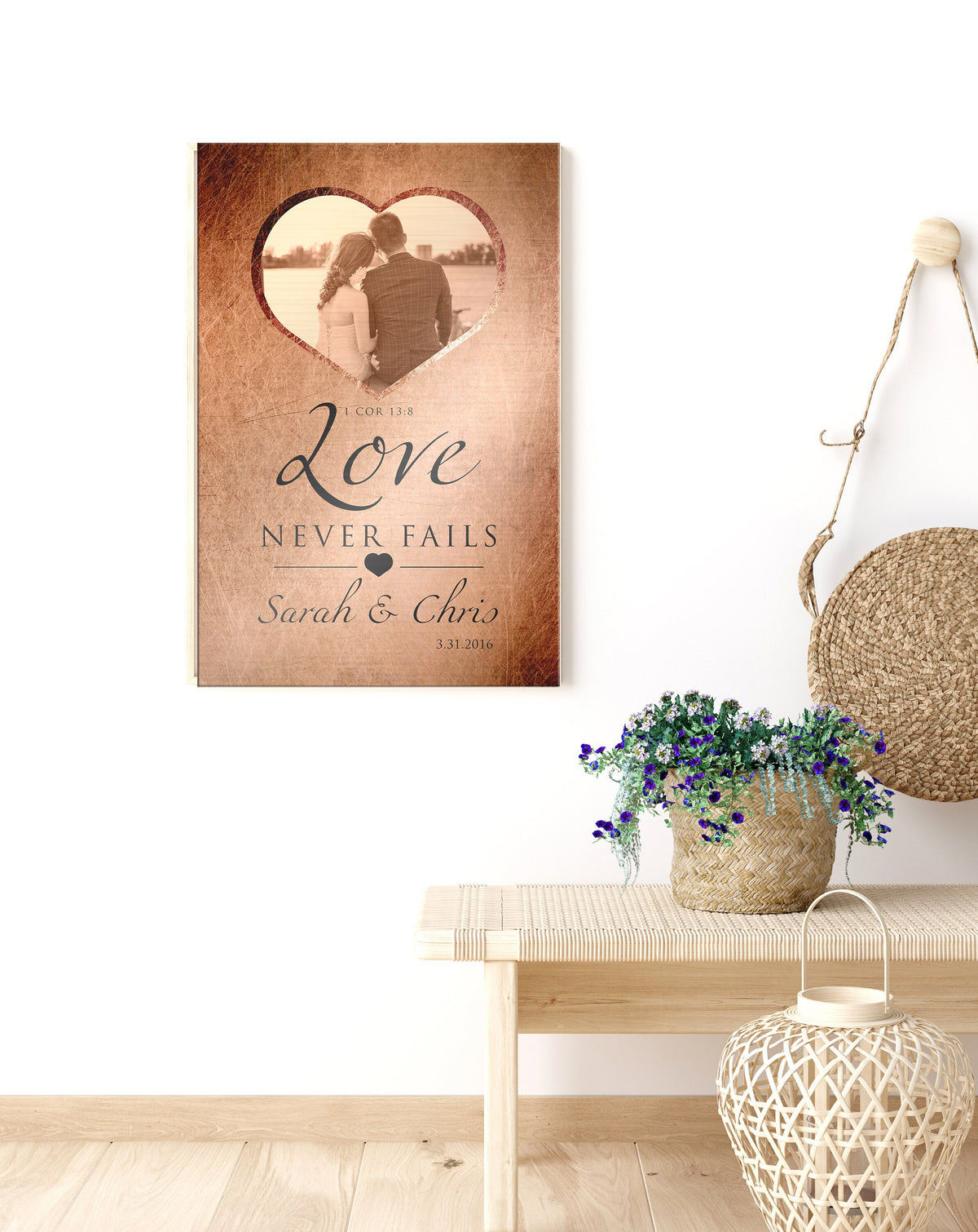 Love Never Fails Photo Sign, Personalized Anniversary plaque - HoneycombProverbs - Signs - Copper Anniversary Gifts
