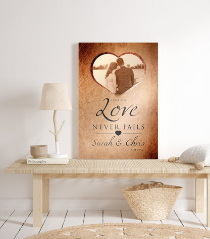 Love Never Fails Photo Sign, Personalized Anniversary plaque - HoneycombProverbs - Signs - Copper Anniversary Gifts
