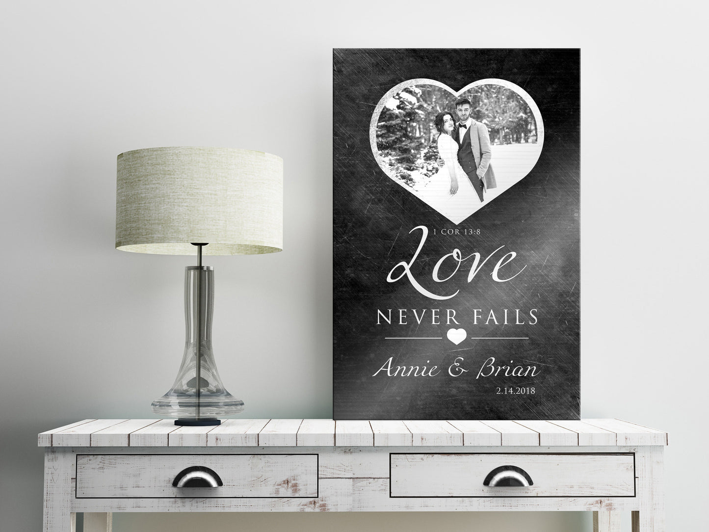 "Love Never Fails" Distressed Metal Portrait Art - HoneycombProverbs - Gifts For The Couple - Tin Anniversary Gifts